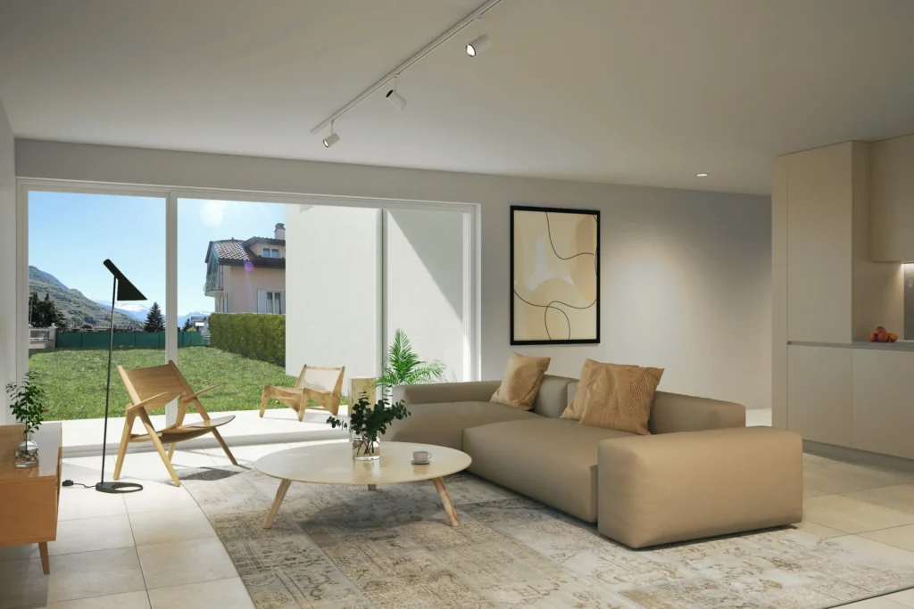 Séjour lumineux de la PPE Clos du Luizet à Saxon, conçu par Logibat en Suisse romande.