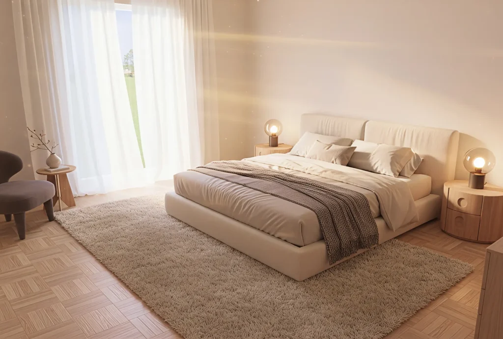 Chambre lumineuse de la PPE La Dorée à Dorénaz, conçue par Logibat, architecture contemporaine et design épuré.