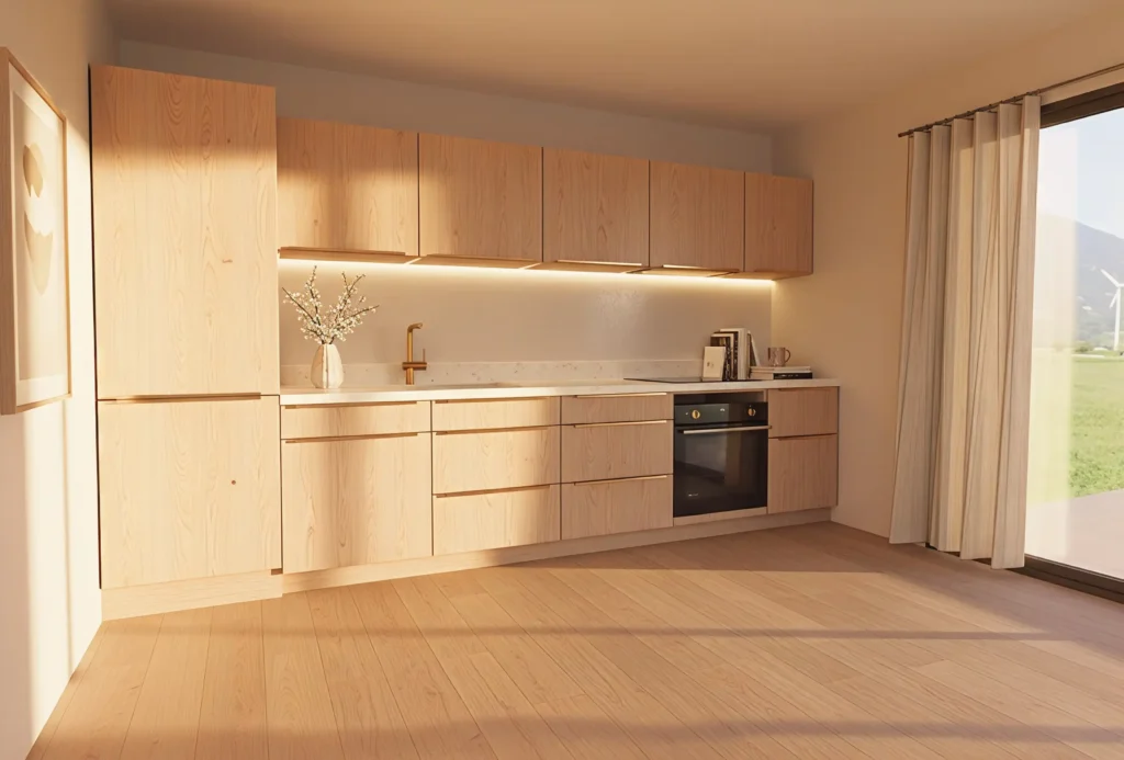 Cuisine lumineuse en bois de la PPE La Dorée à Dorénaz, promotion Logibat en Suisse romande.