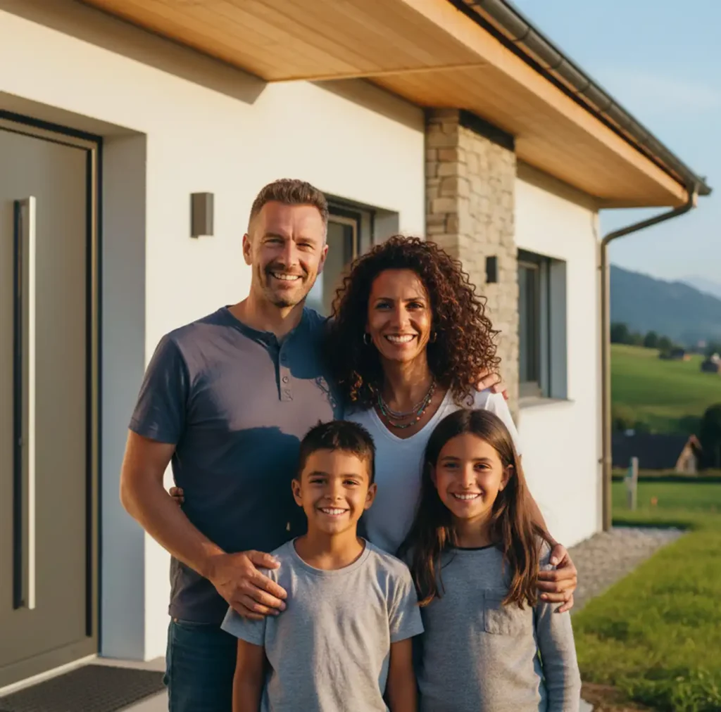 Famille heureuse devant sa villa moderne, un projet de vie réalisé par Logibat en Suisse romande.