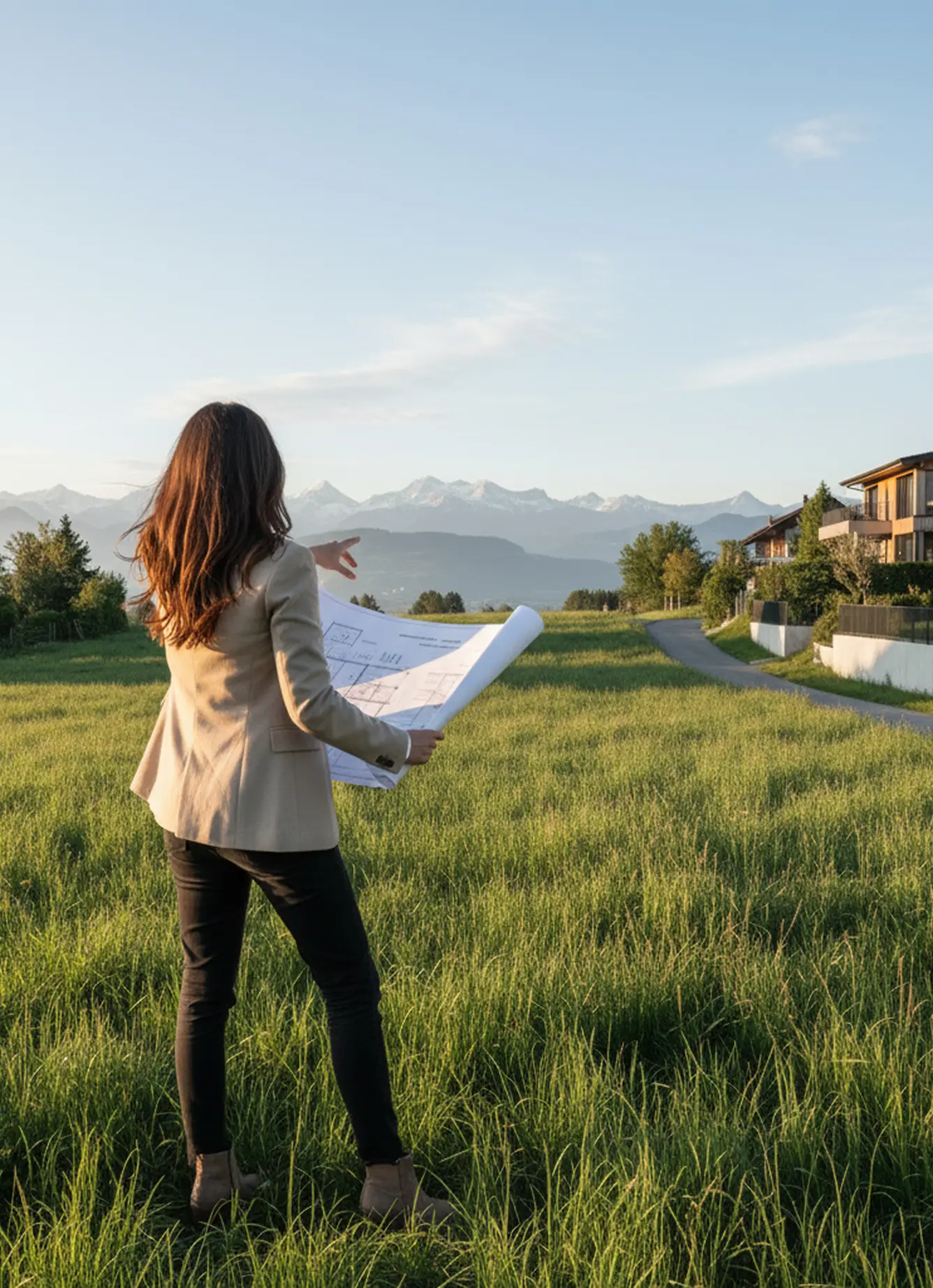 Architecte Logibat avec plans sur un terrain à bâtir en Suisse romande, face aux montagnes.