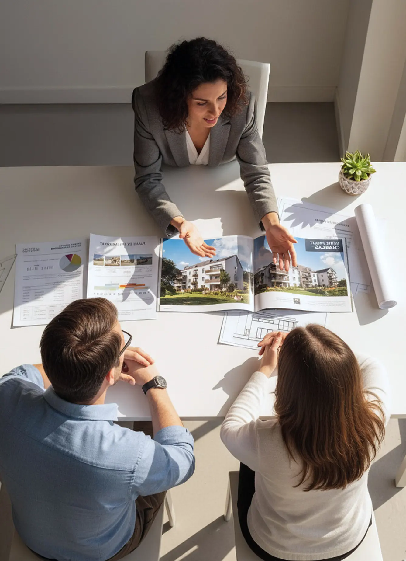 Un expert de Logibat présente des plans architecturaux et des projets de construction résidentielle à des clients en Suisse.