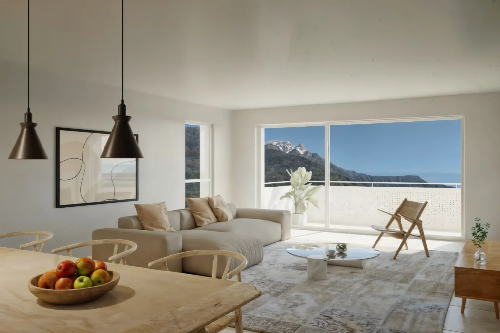Salon lumineux avec vue montagne, promotion Clos du Luizet par Logibat à Saxon, Suisse romande.