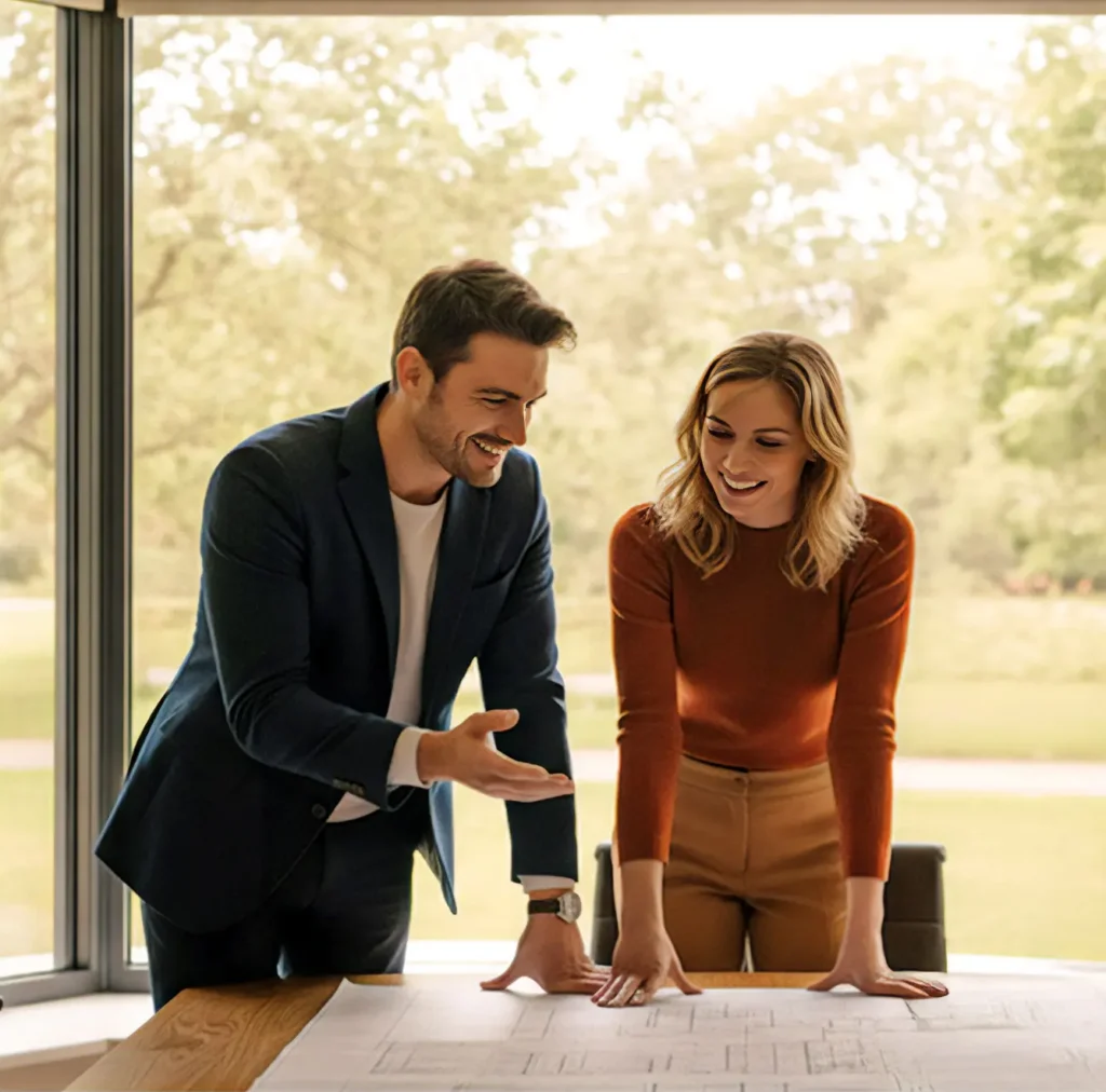 Architecte et client examinant des plans pour un projet de construction Logibat en Suisse romande.