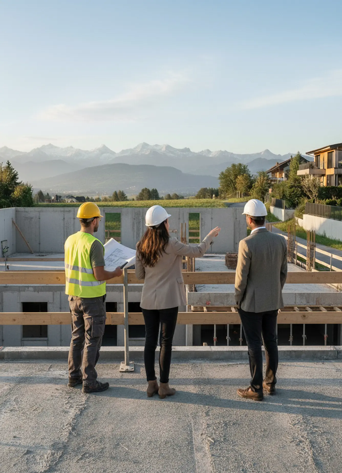 Équipe Logibat sur un chantier en Suisse romande, direction de travaux et vision architecturale face aux Alpes.