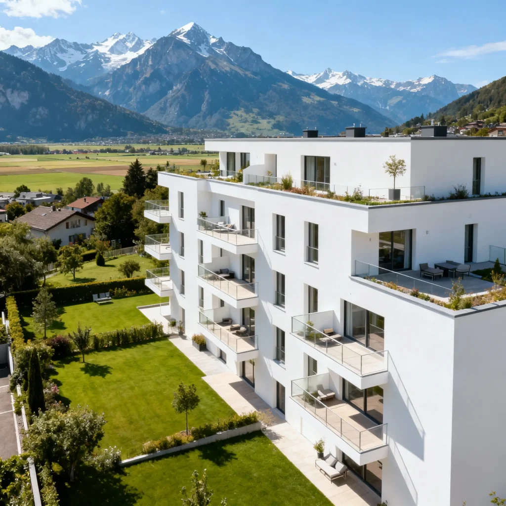 Immeuble résidentiel moderne avec terrasses conçu par Logibat en Suisse romande face aux Alpes.