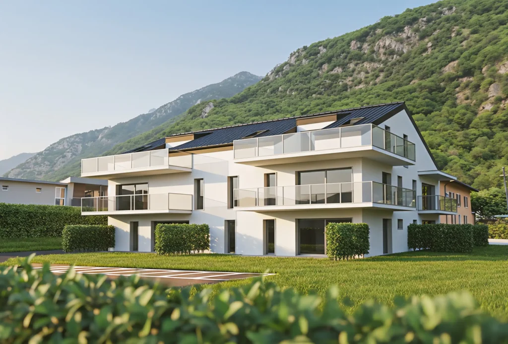 Architecture contemporaine de la PPE La Dorée à Dorénaz, Bas-Valais, par Logibat.