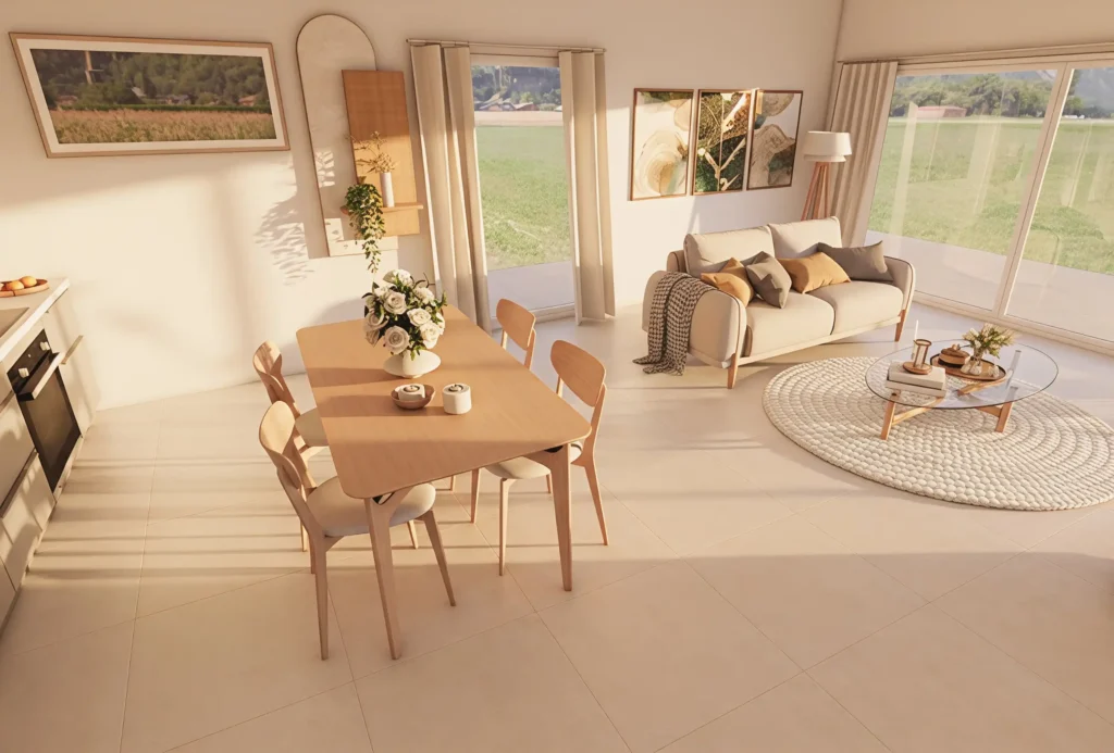 Intérieur lumineux d'un appartement PPE La Dorée à Dorénaz par Logibat, architecture contemporaine en Suisse.