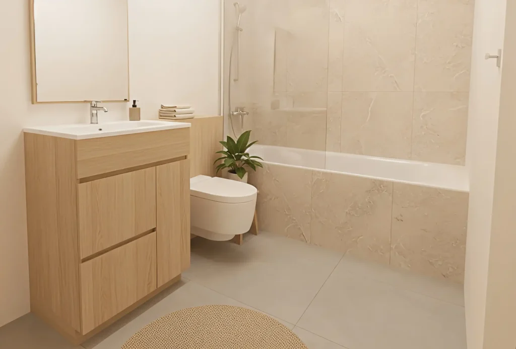 Salle de bain moderne et lumineuse de la PPE La Dorée à Dorénaz conçue par Logibat.